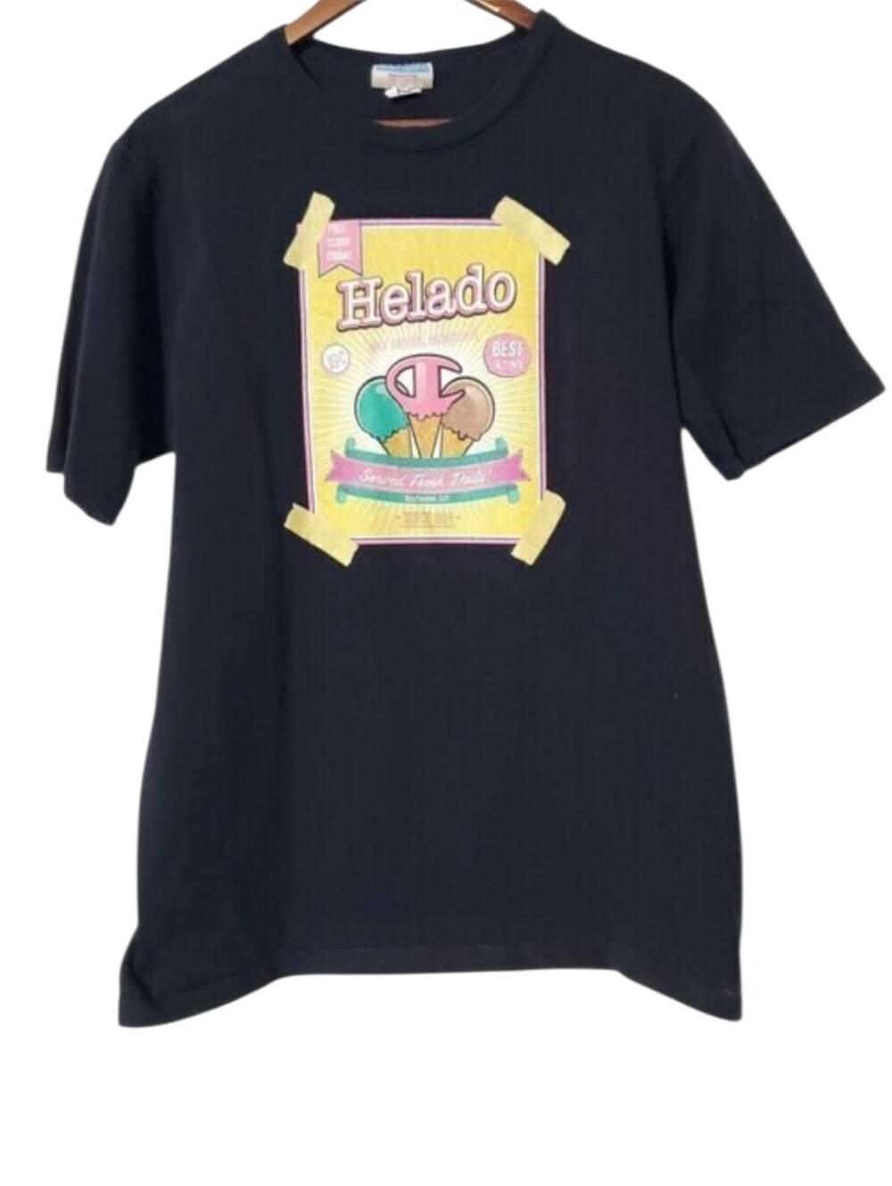 VTG Champion Helado Free Scoop Friday T-Shirt Size M Black Graphic Print Mens